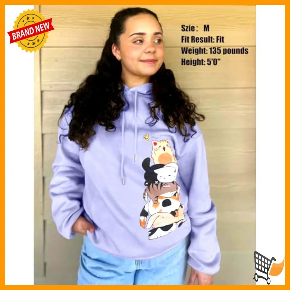 Oversized Cat Graphic Hoodie Kawaii Anime Print Pullover Y2K Chic Casual - Picture 4 of 6